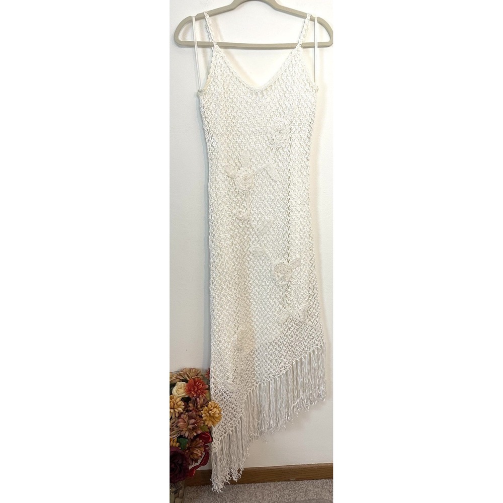 SUE WONG Vintage 90s Y2K Crochet Floral Fringe Asymmetrical Midi Dress L